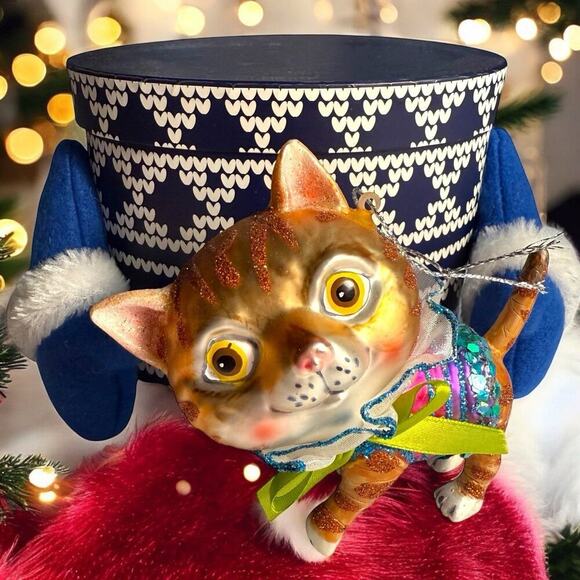 RAZ Imports Orange Tabby Cat Blown Glass Christmas Ornament Anthropomorphic 4” - Picture 2 of 16